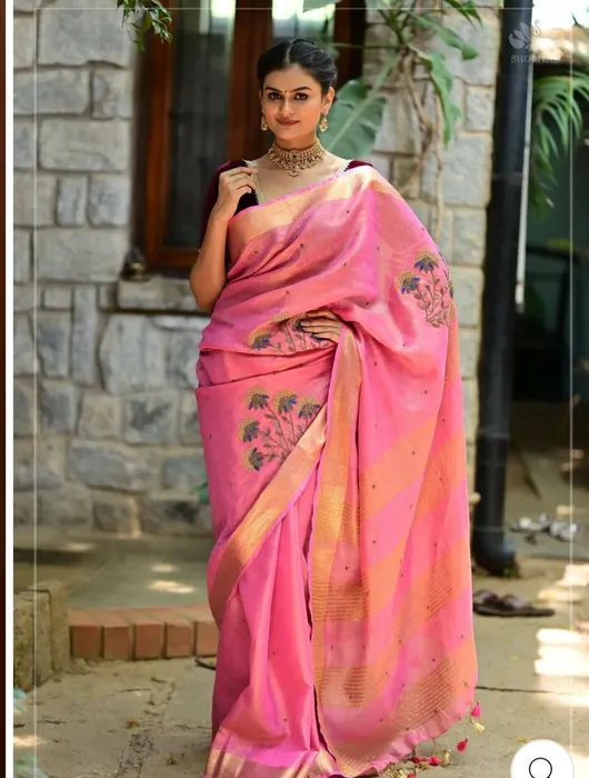 PURE TISSUE JARI BY LINEN FINE QUALITY NEW FLORAL HAND MOTIFS WORK DESIGNS SAREES